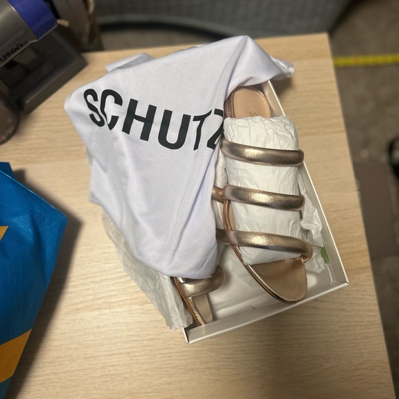 Schutz Olly Block Heel Metallic Sandals - Picture 3 of 5